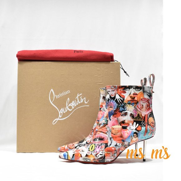 NIB CHRISTIAN LOUBOUTIN Graphic Print Patent Leather Booties Boots - Picture 1 of 7